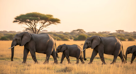 Fototapeta premium Family of elephants walking through a grassy field at sunset in the African savanna