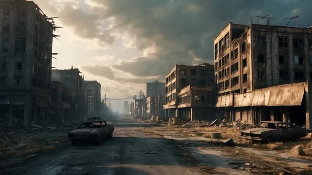 Apocalyptic urban scene with derelict buildings, ruined cars, and dark, ominous sky after disaster strikes city.