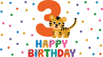 Naklejka premium Cartoon Tiger Cub Celebrating 3rd Birthday with Colorful Confetti and Cute Animated Lettering for Kids