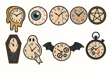 Set of spooky clocks flat Halloween vector icons