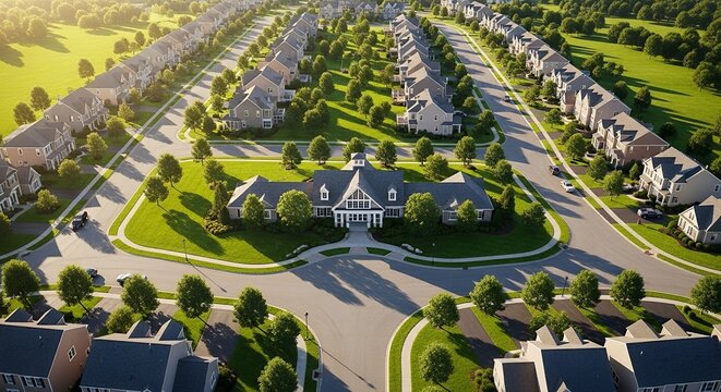 Aerial View of Suburban Neighborhood with Clubhouse