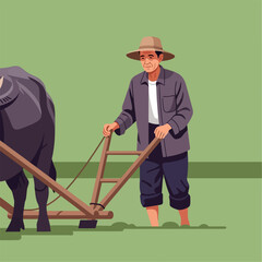 Asian Farmer Plowing Field with Buffalo in Green Landscape