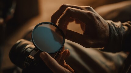 Close-up of hands adjusting a camera filter.