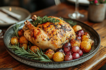 Plate of chicken with potatoes and grapes.