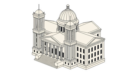 detailed depiction of a classical government building with columns and dome