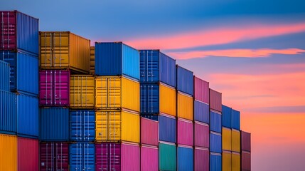 Fototapeta premium Stack of colorful shipping containers against a vibrant sunset sky.