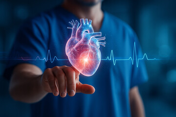 AI generated futuristic scene showing a doctor in blue touching a glowing holographic heart with a digital ECG line symbolizing health care technology life precision and human connection in medicine