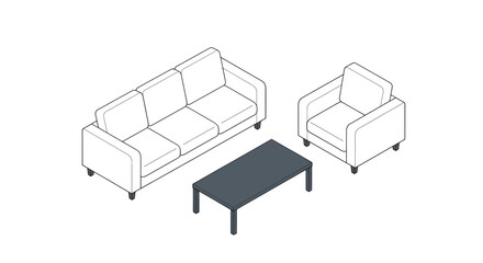isometric sofa and armchair seating arrangement with coffee table
