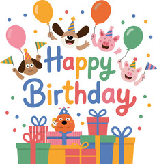 Naklejka premium Colorful Happy Birthday Illustration with Balloons, Party Hats, Gift Boxes, and Cartoon Animals