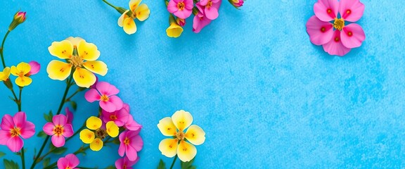 Textured blue backdrop, pink phlox & yellow navel flowers in bottom corners; ample copy space, summer, colorful