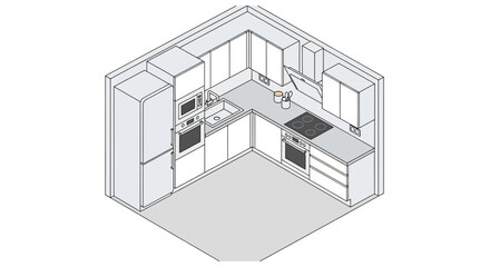 isometric view of modern kitchen with appliances and cabinets