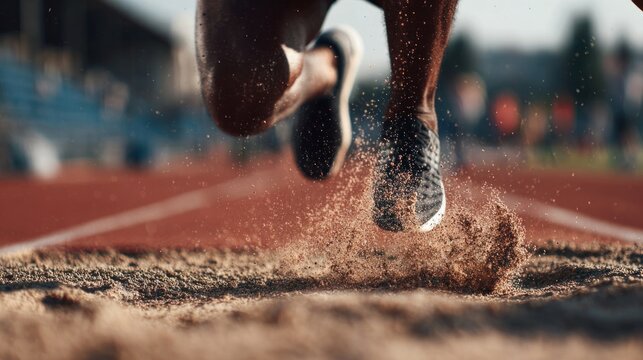 Long jumper landing in sand pit - Powered by Adobe