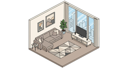 Living room with sofa, TV, and decorative elements
