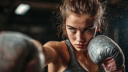 Focused woman boxer training closeup