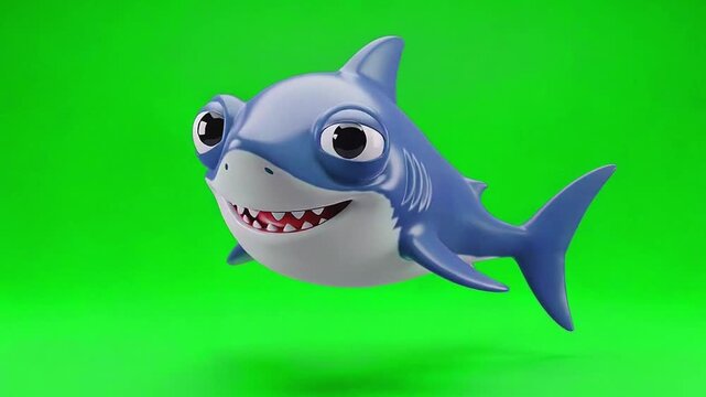 Adorable 3D Cartoon Baby Shark Floating Mid-air Swimming on Green Screen for Kids Animation