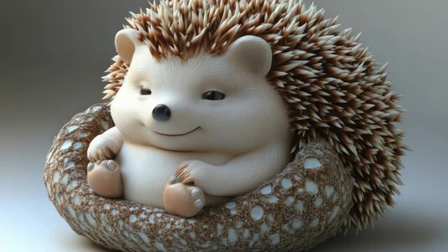 Adorable cartoon hedgehog curled up in its spiky nest with a gentle smile