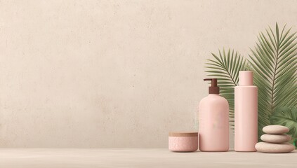 Pink skincare products on beige background with tropical leaves