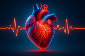 AI generated hyper realistic 3D heart glowing with vibrant colors and electric pulse waveform representing life energy and advanced medical monitoring