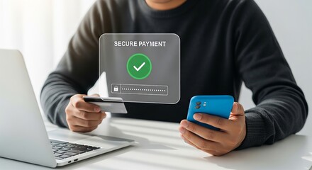 Secure Mobile Payment Authentication – User Holding Smartphone and Credit Card with Floating Checkmark Interface