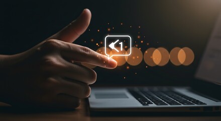 Finger Pressing Virtual Share Icon over Laptop Keyboard

