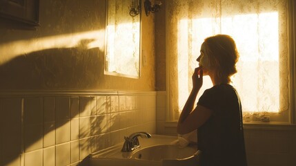 A woman applies a facial mask in a sunlit bathroom.