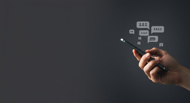 Hand Holding Smartphone with Messaging Icons and Ample Copy Space
