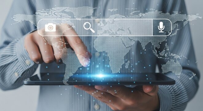 Person using tablet with search bar and world map overlay for global internet connectivity