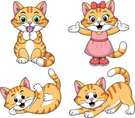 Fototapeta premium Four Cartoon Orange Tabby Cats in Different Poses Licking, Welcoming, Rolling, Stretching