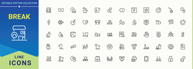 Set of Break line icon. Pictograms of relaxation, celebration, holiday, christmas, vacation, summer and more. Icons for website. Travel related icon set. Editable vector.