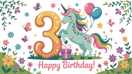 Happy 3rd Birthday with Unicorn, Number Three, Balloons, Gift, Flowers, and Butterflies Illustration