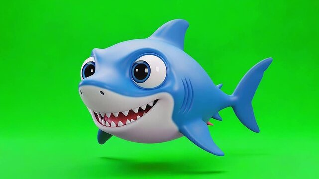 Adorable 3D Cartoon Baby Shark Floating Mid-air Swimming on Green Screen for Kids Animation