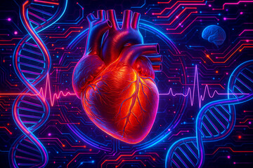 AI generated ultra realistic human heart with glowing DNA helix and ECG wave in sci fi style showing health and genetics connection in modern digital medicine