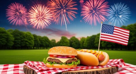 Celebrate the Fourth of July with a Delicious Picnic of Burgers and Hot Dogs Under a Fireworks Display