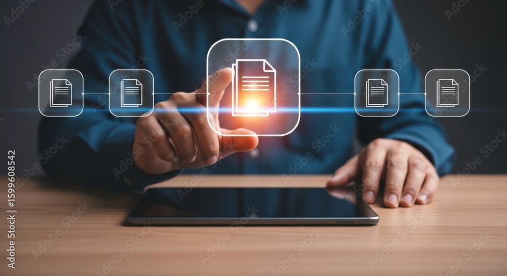 Poster a person interacting with digital document icons on a tablet displaying file management system