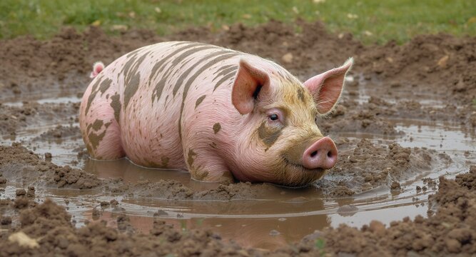 Piglet wallowing in mud puddle farm animal countryside