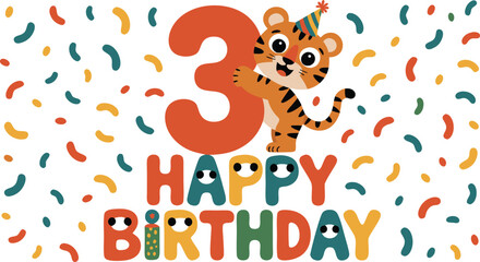 Third Birthday Illustration Featuring a Cartoon Tiger with Party Hat, Confetti, and Happy Birthday Text