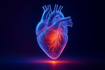 AI generated digital heart in translucent glowing style blending anatomy and futuristic biovisualization in vibrant red blue and purple tones