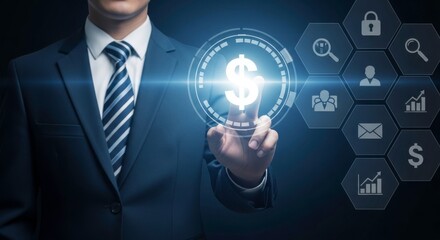 Businessman touching a digital dollar sign with hexagonal icons on a dark blue background