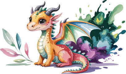 Fototapeta premium Watercolor Illustration of a Cute Baby Dragon with Small Horns, Wings, and Scales
