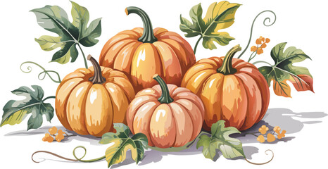 Watercolor Pumpkins with Leaves Autumn Harvest Still Life, Fall Season Illustration