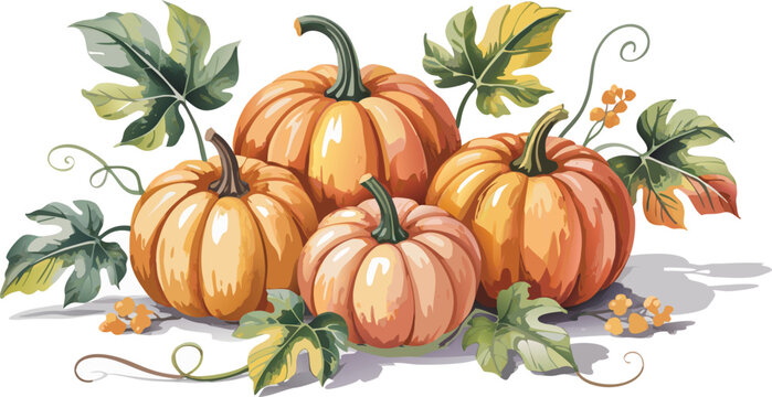 Watercolor Pumpkins with Leaves Autumn Harvest Still Life, Fall Season Illustration - Powered by Adobe