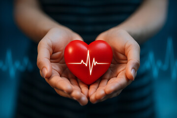 AI generated image showing red symbolic heart with heartbeat signal resting in caring hands expressing love hope life and emotional connection in futuristic medical context
