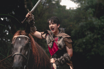 Young Warrior Celebrates Victory on Horseback with Sword Raised