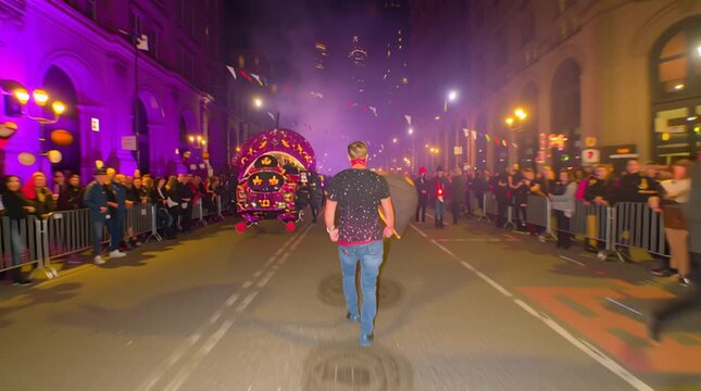 city Halloween street party, colorful cultural parade night, neon festive crowd vibe,Halloween street festival parade celebration with glowing Halloween lights and festive Halloween city crowd scene

