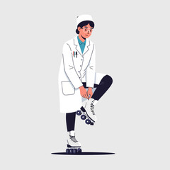 Woman in Doctor Coat Tying Roller Skate Laces on Gray Background
