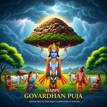 Lord krishna lifting govardhan hill protecting villagers and cattle from indra s wrath during monsoon season