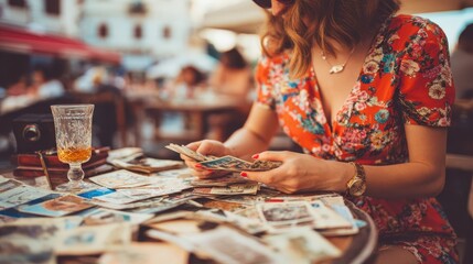 Fototapeta premium Woman browsing through vintage postcards at an outdoor cafe.