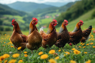 Group of chickens walking through a field.