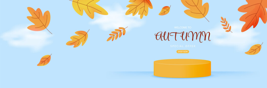 Wide banner for fall promotions with golden leaves and podium. Great for seasonal sales and special offers. Vector illustration on blue sky background
