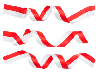 set of long wavy red and white ribbons of the Indonesian flag isolated on transparent png